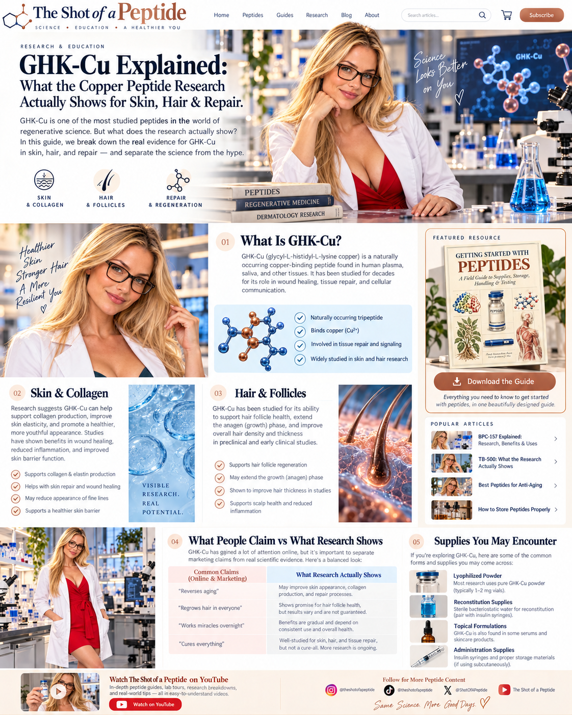 Sarah, AI host for The Shot of a Peptide, presenting GHK-Cu research on skin, hair, and repair